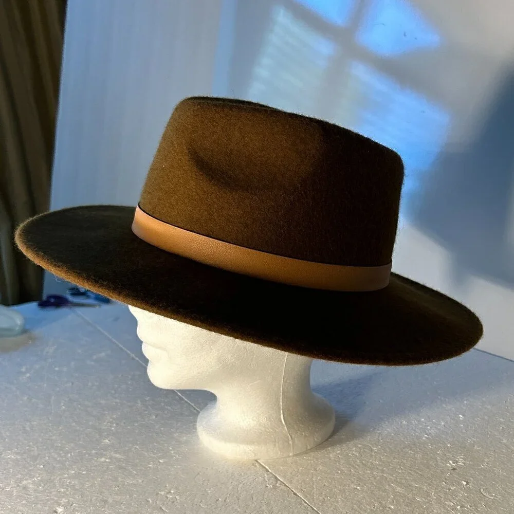 Brown Wool Fedora flat brim hat Classic Boho Western Steampunk Staple Unisex
